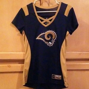 Majestic Fan Fashion Women's L.A. Rams Jersey Top form fitting w/bling, Small